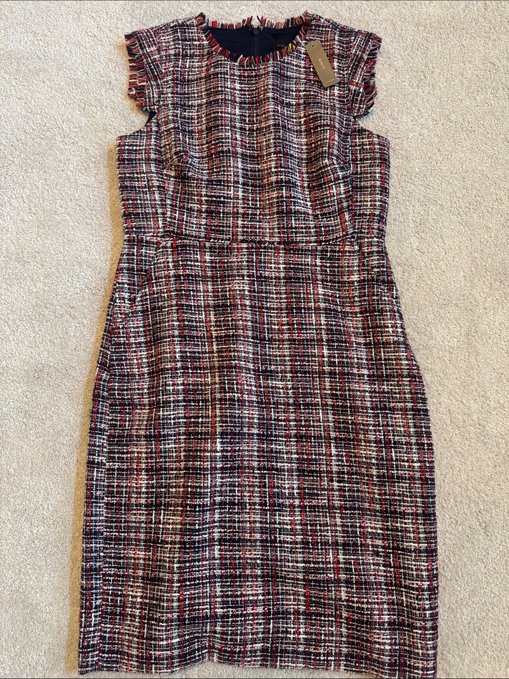 J. Crew Tweed Sheath Dress in Black, White & Red Plaid